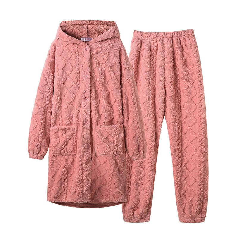 Kvinders Pyjamas Flanell Tyk Lang Jacquard Hætte Loungewear Sæt