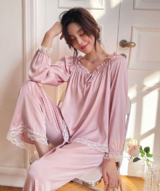 Kvinders Pyjamas Silke Homewear Sweet Home Langærmede Bukser Sæt
