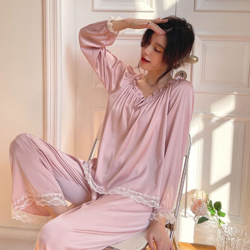 Kvinders Pyjamas Silke Homewear Sweet Home Langærmede Bukser Sæt