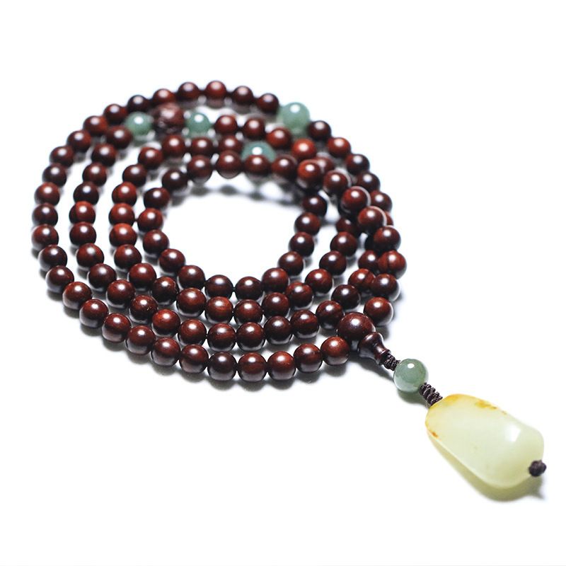 Lobulær Rødt Sandeltræ 108 6mm Rosenkrans Perler Armbånd Og Tian Jade Vedhæng Smykker Buddha