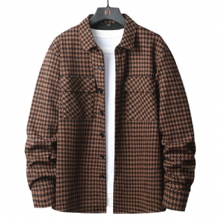 Løs Langærmet Skjorte Mænd Forår Afslappet Trend Houndstooth Cardigan Dobbelt Lommer