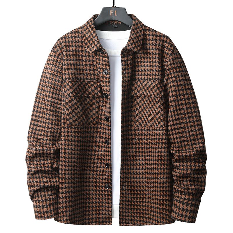 Løs Langærmet Skjorte Mænd Forår Afslappet Trend Houndstooth Cardigan Dobbelt Lommer