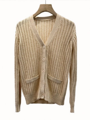 Løs Version Mesh Hul Strik Cardigan V-hals Slim Fit Enkeltradet Sweater Til Kvinder