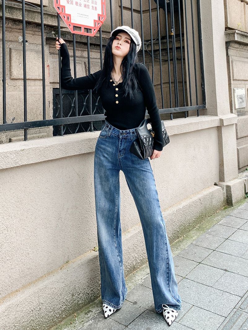 Løse Dame Denimbukser Retro Højtaljede Lige Ben