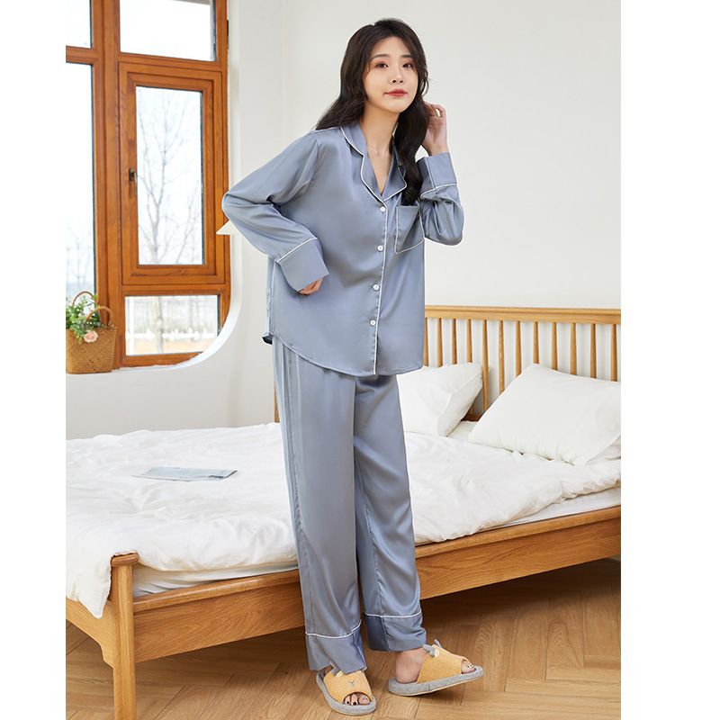 Løse Damepyjamas Satin Chiffon Langærmede Bukser Loungewear Ensfarvet