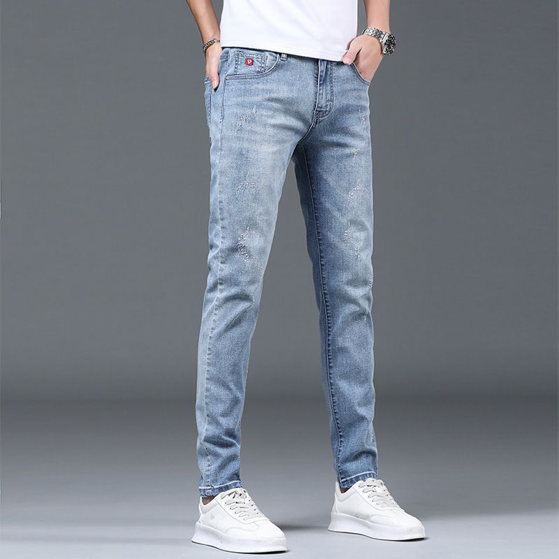 Lys-farvede Tynde Sektion Slim-fit Jeans Mænds Ni Point Ripped Pencil Bukser Trend