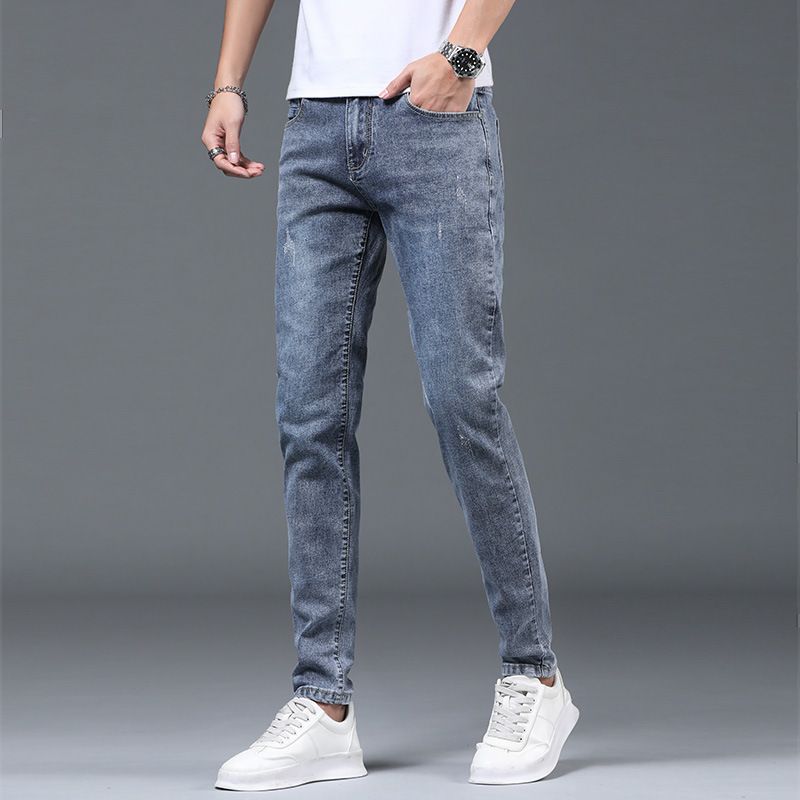 Lys-farvede Tynde Sektion Slim-fit Jeans Mænds Ni Point Ripped Pencil Bukser Trend