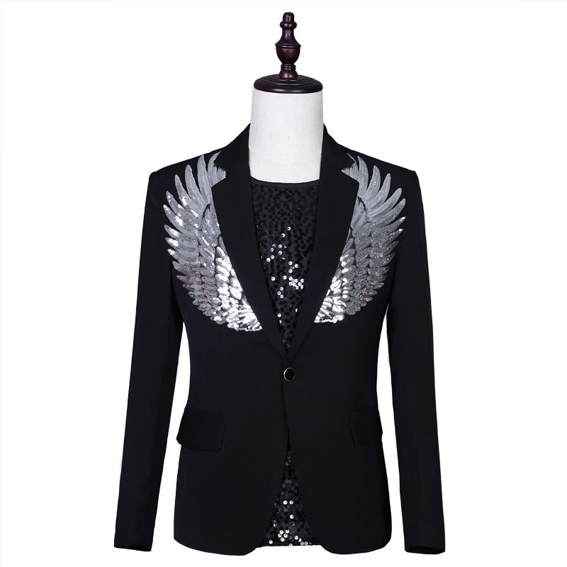 Mænds Blazerjakke Single Breasted Button Pailletter Wings Dress Top Stage Costume