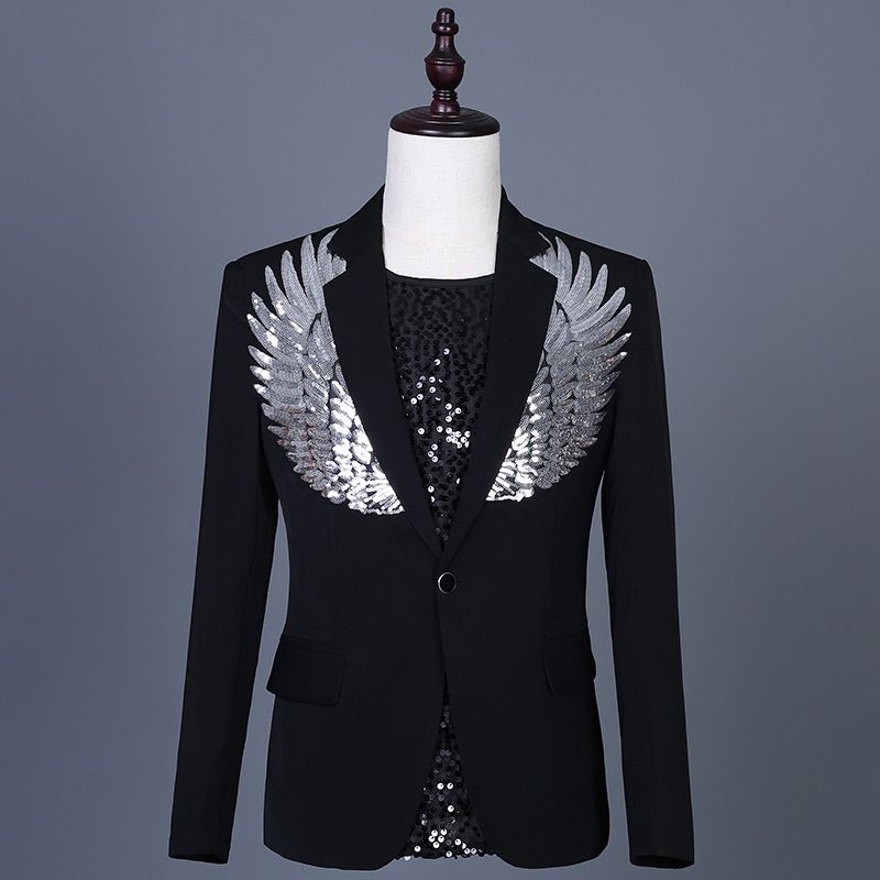 Mænds Blazerjakke Single Breasted Button Pailletter Wings Dress Top Stage Costume