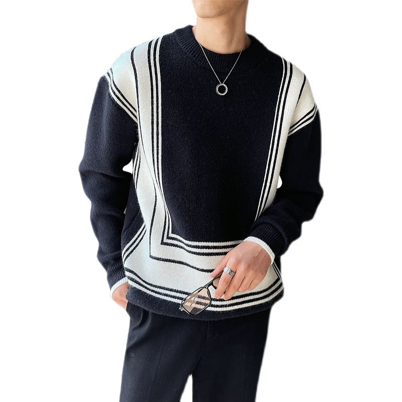 Mænds Sweater Geometrisk Linje Jacquard Farve Blok Løs Rund Hals Strik