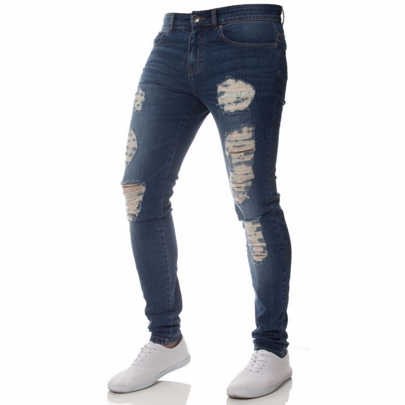 Mode Casual Mænds Jeans Personlighed Rippede Huller Slim Fit Små Fødder Smuk