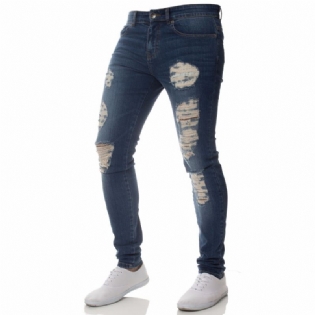 Mode Casual Mænds Jeans Personlighed Rippede Huller Slim Fit Små Fødder Smuk