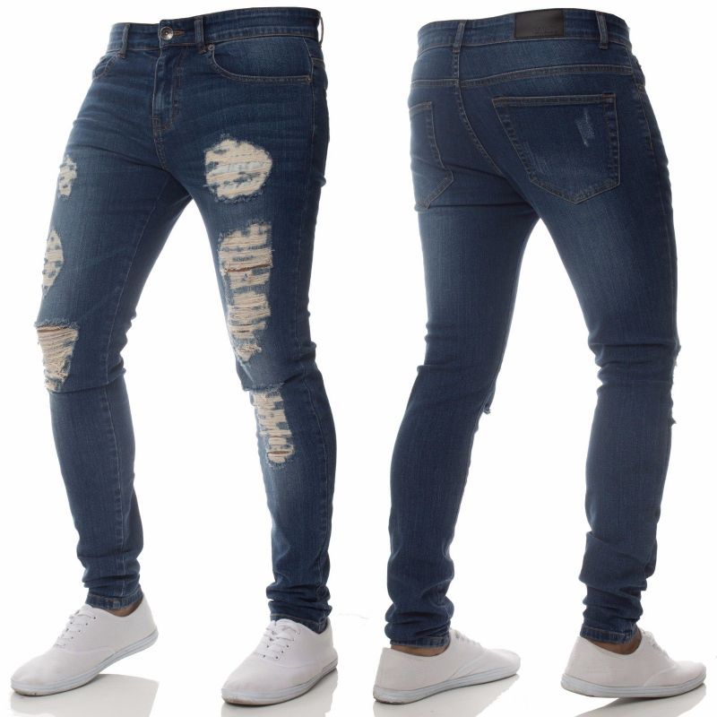 Mode Casual Mænds Jeans Personlighed Rippede Huller Slim Fit Små Fødder Smuk