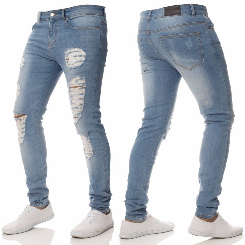 Mode Casual Mænds Jeans Personlighed Rippede Huller Slim Fit Små Fødder Smuk