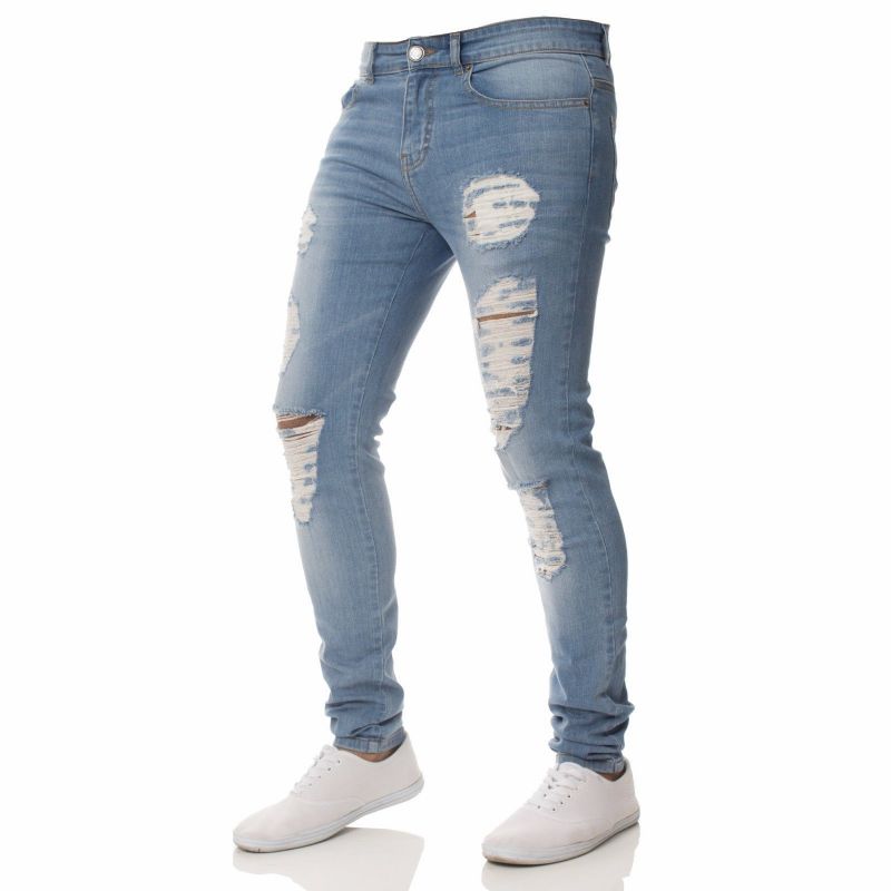 Mode Casual Mænds Jeans Personlighed Rippede Huller Slim Fit Små Fødder Smuk