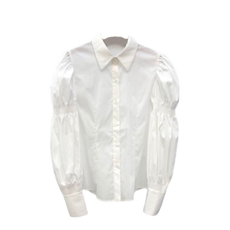 Ny Dame Lapel Button Shirt Puff Sleeve Top Damer