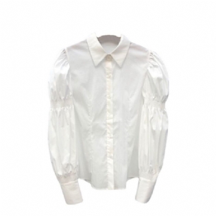 Ny Dame Lapel Button Shirt Puff Sleeve Top Damer