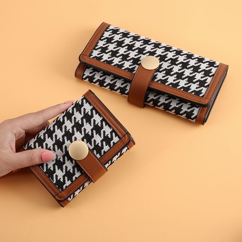 Ny Dame Trifold Houndstooth Canvas Tegnebog Kort Spænde Lang Clutch Multifunktionel Møntpung