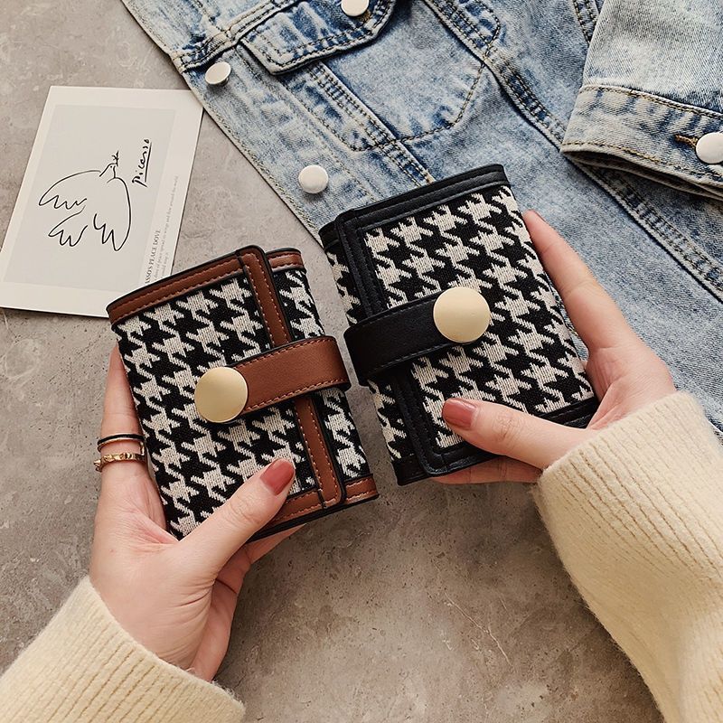 Ny Dame Trifold Houndstooth Canvas Tegnebog Kort Spænde Lang Clutch Multifunktionel Møntpung