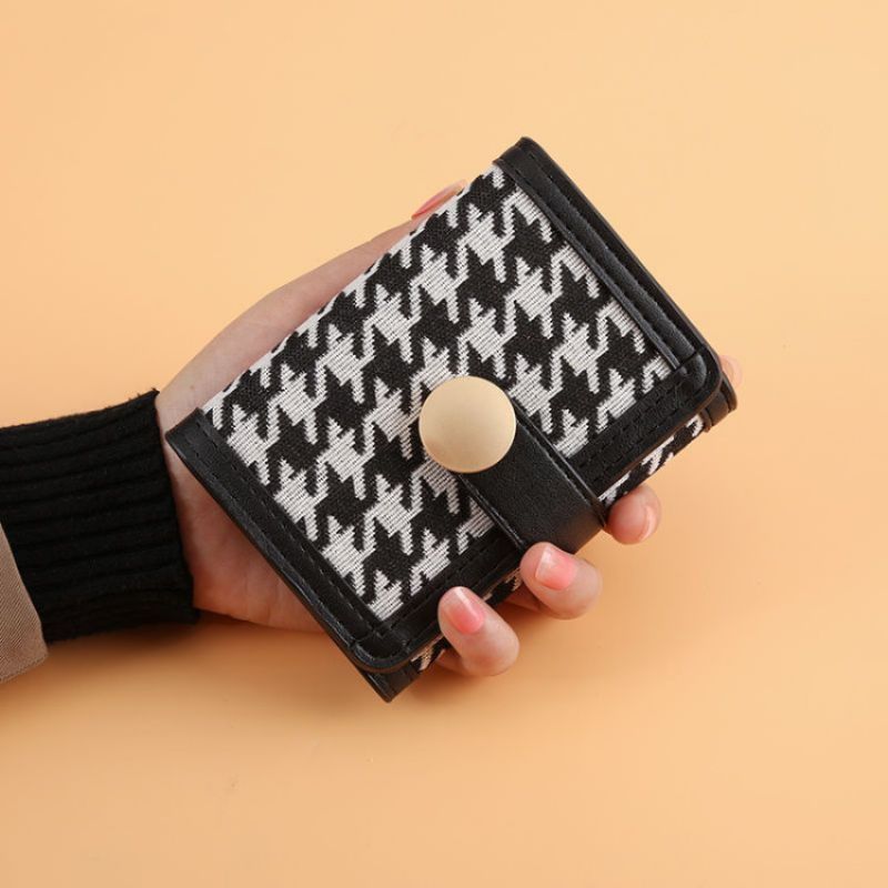 Ny Dame Trifold Houndstooth Canvas Tegnebog Kort Spænde Lang Clutch Multifunktionel Møntpung