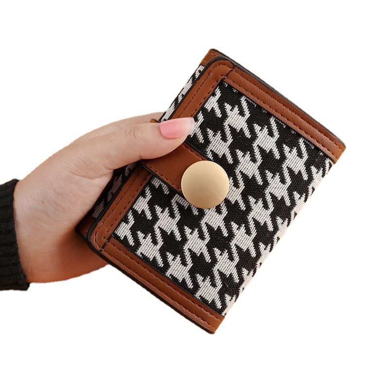 Ny Dame Trifold Houndstooth Canvas Tegnebog Kort Spænde Lang Clutch Multifunktionel Møntpung