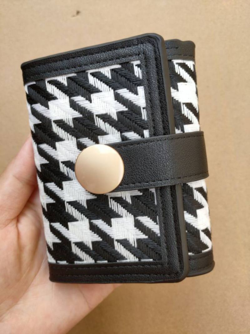 Ny Dame Trifold Houndstooth Canvas Tegnebog Kort Spænde Lang Clutch Multifunktionel Møntpung