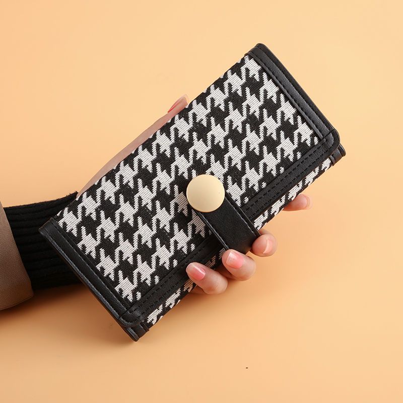 Ny Dame Trifold Houndstooth Canvas Tegnebog Kort Spænde Lang Clutch Multifunktionel Møntpung