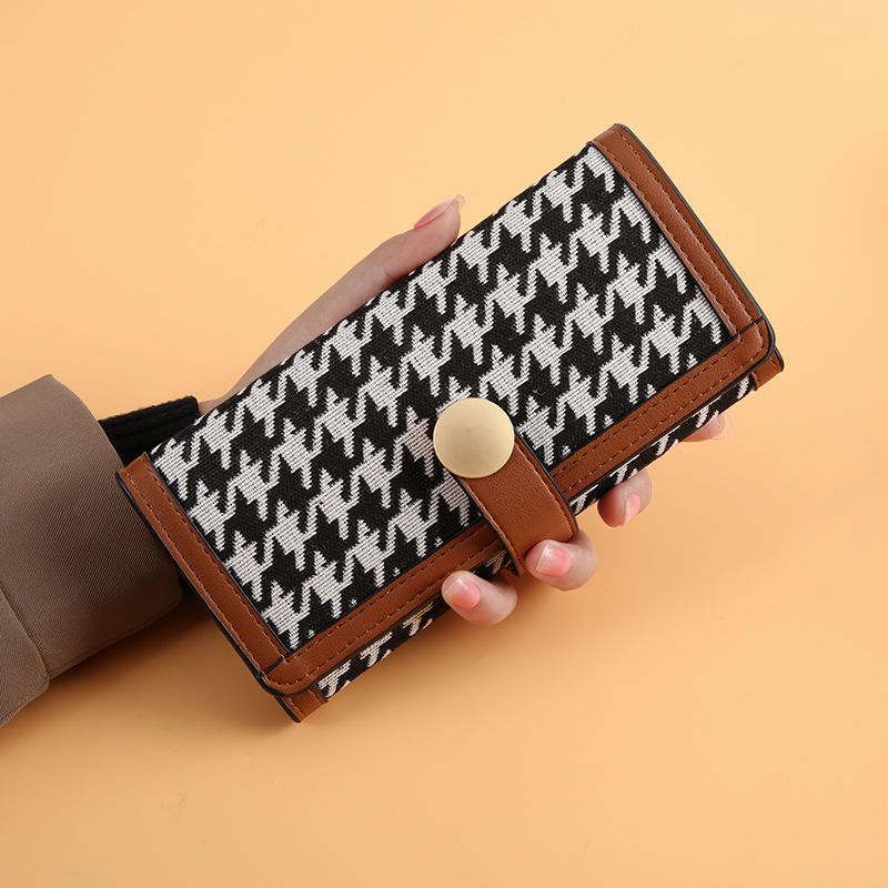 Ny Dame Trifold Houndstooth Canvas Tegnebog Kort Spænde Lang Clutch Multifunktionel Møntpung