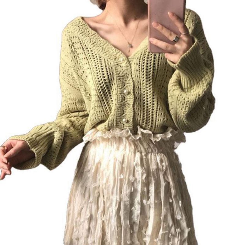 Ny Smart Retro Hul Uld Frakke Hæklet Sweater V-hals Strikket Cardigan Kvinder