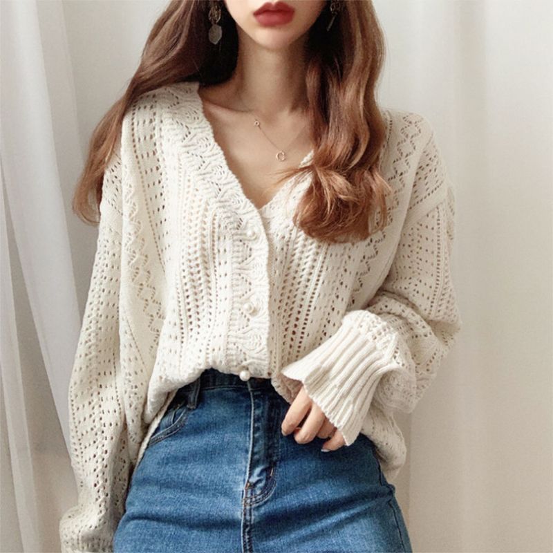 Ny Smart Retro Hul Uld Frakke Hæklet Sweater V-hals Strikket Cardigan Kvinder