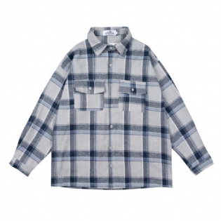 Plaid Skjorte Herre Langærmet Løs Lommejakke Casual Revers Cardigan