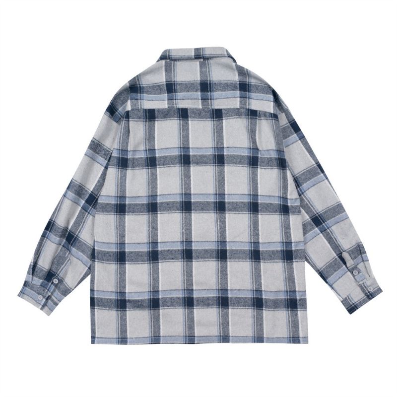 Plaid Skjorte Herre Langærmet Løs Lommejakke Casual Revers Cardigan