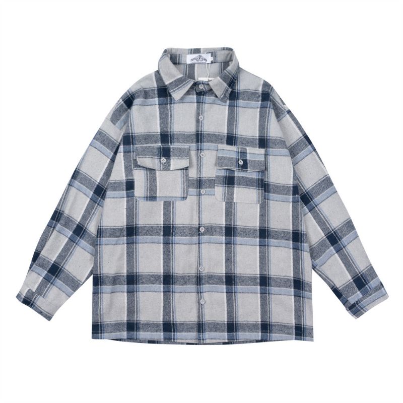 Plaid Skjorte Herre Langærmet Løs Lommejakke Casual Revers Cardigan