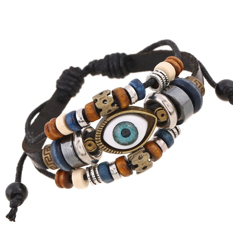 Populære Smykker Nye Beaded Eyes Læder Armbånd Træk Justering Par