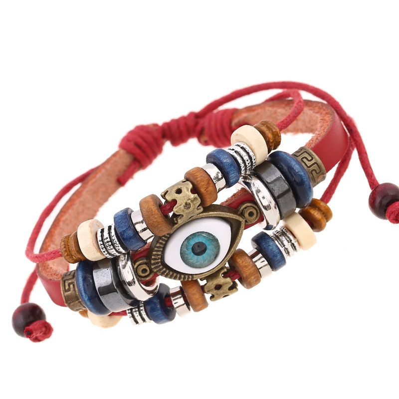 Populære Smykker Nye Beaded Eyes Læder Armbånd Træk Justering Par