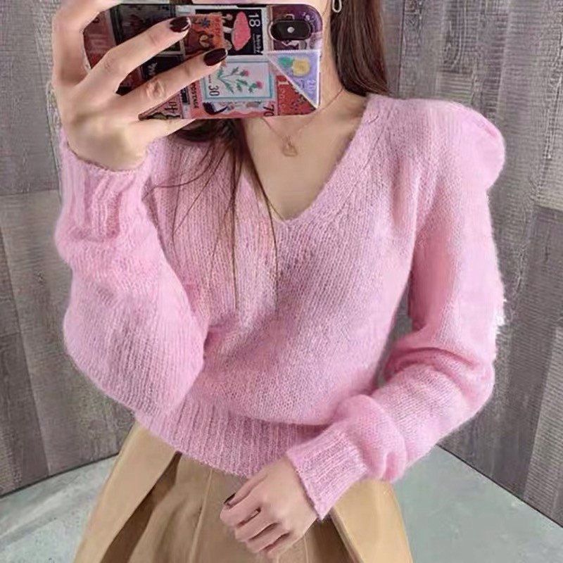 Pullover Mickey Mouse V-hals Strikket Temperament Pink Dalang Sweater Mønster Kvinde