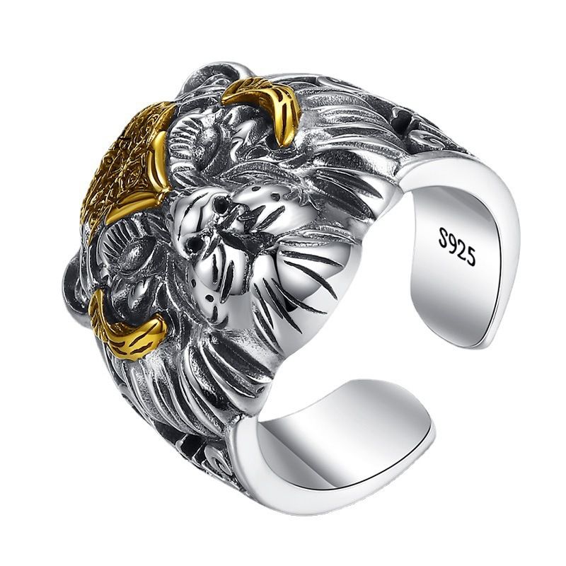 Retro 925 Sølv Tiger Head Ring Mand Herre Tide Live Mund Justerbar Hip-hop Personlighed Stor Dominerende