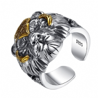 Retro 925 Sølv Tiger Head Ring Mand Herre Tide Live Mund Justerbar Hip-hop Personlighed Stor Dominerende