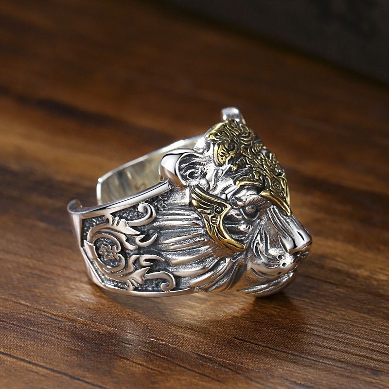 Retro 925 Sølv Tiger Head Ring Mand Herre Tide Live Mund Justerbar Hip-hop Personlighed Stor Dominerende