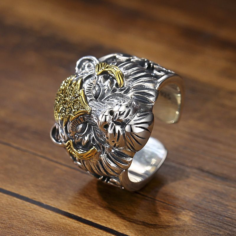 Retro 925 Sølv Tiger Head Ring Mand Herre Tide Live Mund Justerbar Hip-hop Personlighed Stor Dominerende