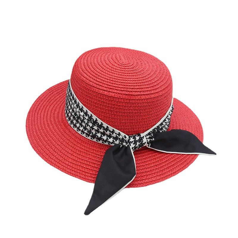 Retro Houndstooth Strop Flad Top Stråhat Personlighed Moderigtigt Udendørs Strand Solskærm Jazzhat Kvinde