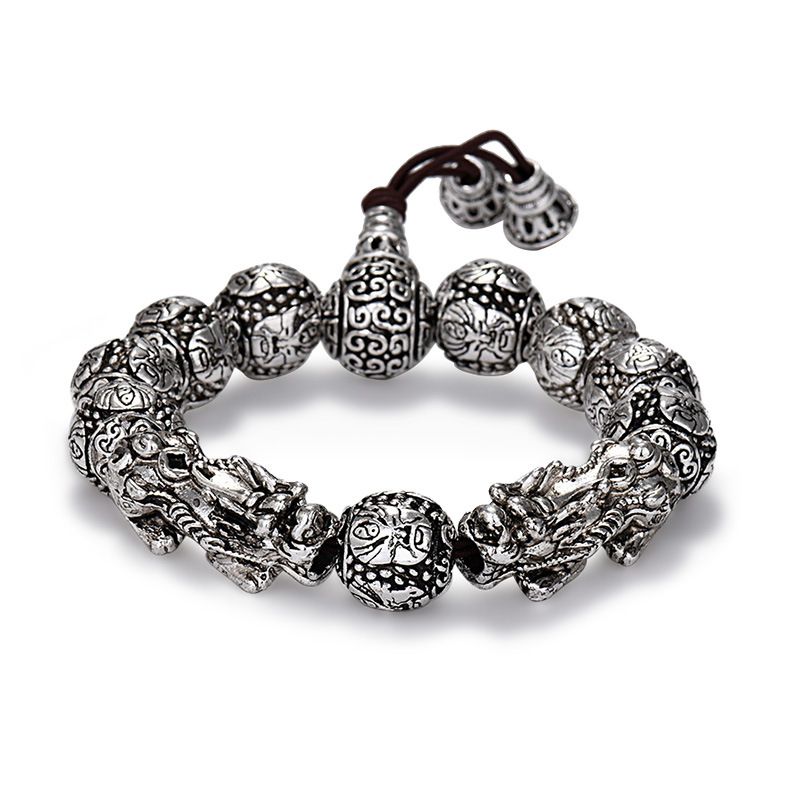 Retro Kærlighed Dobbelt Pixiu Armbånd Mode Trendy Guan Gong Wu Buddha Beads Til Mænd Gamle Thailandske Sølvarmbånd