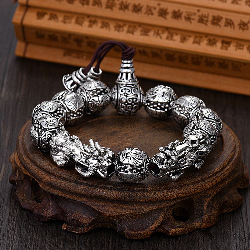 Retro Kærlighed Dobbelt Pixiu Armbånd Mode Trendy Guan Gong Wu Buddha Beads Til Mænd Gamle Thailandske Sølvarmbånd