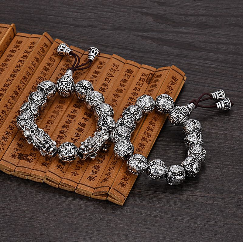 Retro Kærlighed Dobbelt Pixiu Armbånd Mode Trendy Guan Gong Wu Buddha Beads Til Mænd Gamle Thailandske Sølvarmbånd