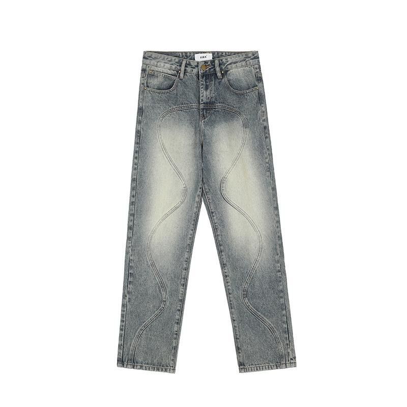 Retro Tredimensionelle Straight Jeans Mænds Løse Mellemhøjde