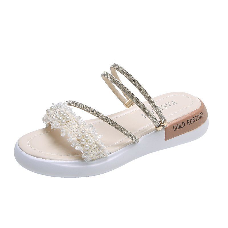 Rhinestone Sandaler Kvinders Flade Sko Sommer Ny Studerende Perle Romerske Hjemmesko Sko Tidevand