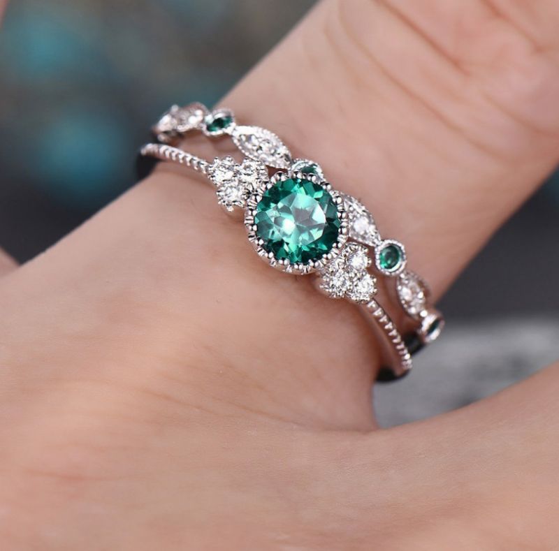 Ringe Fashion Zirconia Dameringe Sæt Med To Micropaved Emerald Ring Smykker