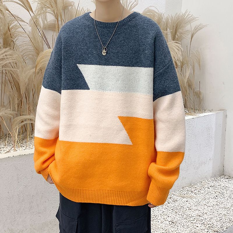 Rund Hals Pullover Farve Kontrast Sweater Mænd Trend Løs Afslappet Par