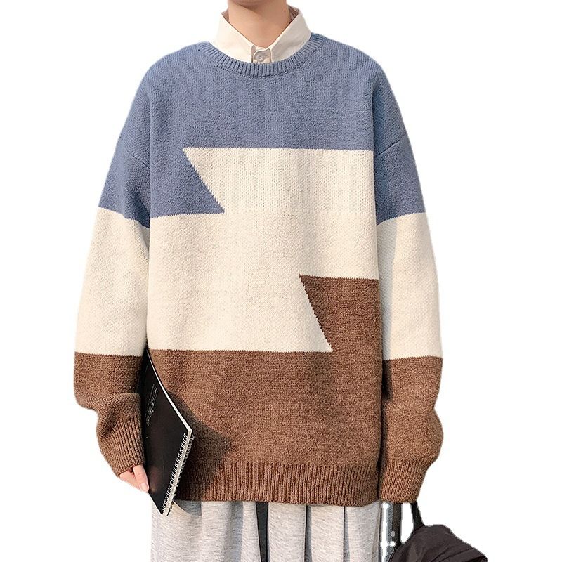 Rund Hals Pullover Farve Kontrast Sweater Mænd Trend Løs Afslappet Par