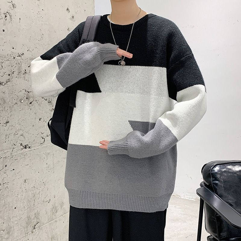 Rund Hals Pullover Farve Kontrast Sweater Mænd Trend Løs Afslappet Par